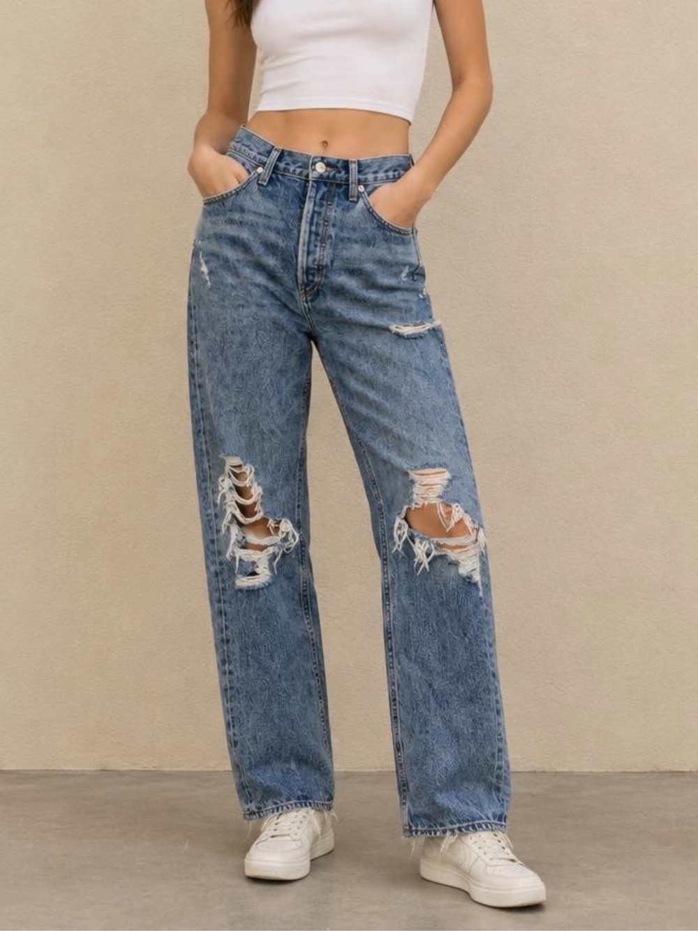 Agolde Blue High-Rise Distressed straight leg Jeans Sz 25